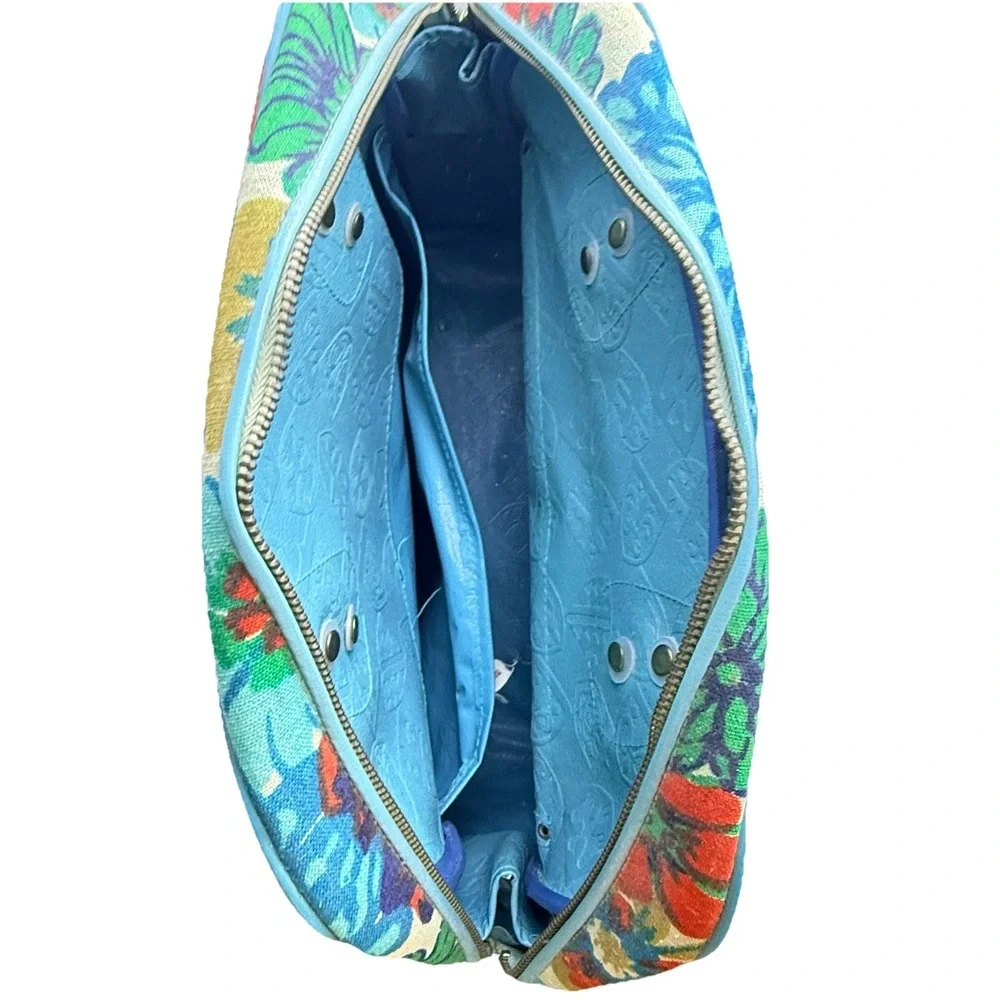 Rare Vintage 1960s Japanese Mod Floral Bowling Bag Embossed Turquoise Canvas